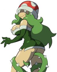 Rule 34 | 1girl, ass, bad id, bad tumblr id, breasts, dress, elbow gloves, female focus, gloves, green dress, green gloves, green hair, hat, hat over eyes, large breasts, long hair, mario (series), nintendo, personification, piranha plant, plant, shenaniganxxxa, short dress, smile, solo, strapless, strapless dress, vines