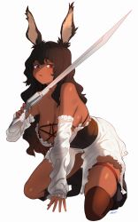 Rule 34 | 1girl, animal ears, bare shoulders, boots, breasts, brown eyes, brown footwear, brown hair, cleavage, commentary, commission, corset, dark-skinned female, dark skin, detached sleeves, dress, english commentary, final fantasy, final fantasy xiv, frilled sleeves, frills, full body, gun, gunblade, highres, holding, holding gun, holding weapon, kneeling, large breasts, leaning back, long sleeves, looking at viewer, parted lips, rabbit ears, ryusei hashida, signature, simple background, sleeves past wrists, solo, thigh strap, thighs, viera, weapon, white background, white dress