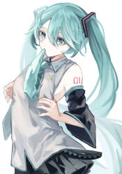 Rule 34 | 1girl, absurdres, adjusting shirt, aqua eyes, aqua hair, aqua nails, aqua necktie, bad id, bad pixiv id, bare shoulders, black skirt, black sleeves, breasts, cc rock, commentary, detached sleeves, grey shirt, hair ornament, hatsune miku, highres, long hair, miniskirt, mouth hold, nail polish, necktie, necktie in mouth, pale skin, pleated skirt, shirt, shoulder tattoo, sideboob, skirt, sleeveless, sleeveless shirt, solo, standing, tattoo, twintails, upper body, very long hair, vocaloid, white background