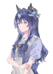 Rule 34 | 1girl, absurdres, animal ears, b qpyz, blue hair, blue shirt, bow, bowtie, breasts, closed mouth, highres, holding own arm, horse ears, long hair, looking at viewer, mole, mole under eye, purple eyes, sailor collar, school uniform, shirt, short sleeves, simple background, skirt, small breasts, smile, solo, tracen school uniform, twitter username, umamusume, upper body, verxina (umamusume), watermark, white background, white skirt