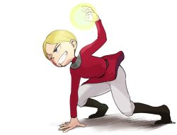 Rule 34 | 1boy, aboutama, blonde hair, blood, blood on face, blue eyes, child, daida, fighting stance, full body, glowing, grin, male focus, ousama ranking, pants, red shirt, shirt, short hair, smile, smirk, solo, white pants