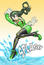 Rule 34 | 1girl, asui tsuyu, black eyes, black hair, bodysuit, boku no hero academia, cubechicken15, frog girl, gloves, goggles, goggles on head, gradient background, green hair, hair between eyes, hair rings, long hair, long tongue, low-tied long hair, solo, splashing, tongue, tongue out, twisted torso, water, white gloves, yellow background