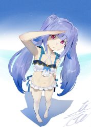 Rule 34 | 1girl, arm behind back, arm up, bare shoulders, barefoot, blue bow, blue hair, blue theme, bow, check copyright, closed mouth, copyright request, eyelashes, frilled swimsuit, frills, gradient hair, highres, kobayashi gen, long hair, looking at viewer, multicolored hair, navel, original, purple eyes, signature, solo, standing, swimsuit, twintails