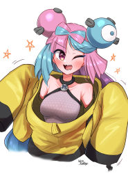 Rule 34 | 1girl, aqua hair, breasts, creatures (company), game freak, highres, iono (pokemon), jacket, long sleeves, multicolored hair, nintendo, one eye closed, open mouth, oversized clothes, pink eyes, pink hair, pokemon, pokemon sv, sharp teeth, signature, simple background, solo, star (symbol), teeth, two-tone hair, upper body, v-shaped eyebrows, wakaba (wata ridley), white background, yellow jacket