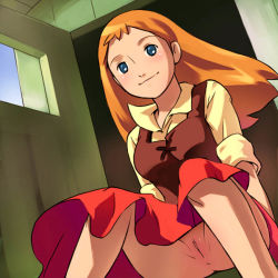 Rule 34 | 1970s (style), 1girl, anus, ass, blonde hair, blue eyes, clitoris, dutch angle, long hair, looking at viewer, nippon animation, no panties, oldschool, orange hair, perrine monogatari, perrine paindavoine, pussy, retro artstyle, smile, solo, spread legs, third-party edit, uncensored, world masterpiece theater