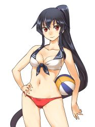 Rule 34 | 10s, 1girl, abo (hechouchou), arms behind back, ball, beachball, bikini, black hair, breasts, cleavage, collarbone, contrapposto, hand on own hip, kantai collection, long hair, looking at viewer, medium breasts, navel, ponytail, red eyes, smile, solo, standing, swimsuit, transparent background, very long hair, yahagi (kancolle)
