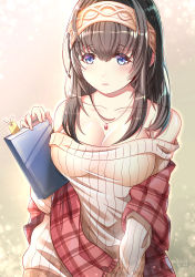 Rule 34 | 1girl, absurdres, black hair, blue eyes, blush, book, bookmark, breasts, cleavage, collarbone, commentary request, hair between eyes, hairband, highres, holding, holding book, idolmaster, idolmaster cinderella girls, jewelry, jiaxi daze, large breasts, long hair, looking at viewer, necklace, off-shoulder shirt, off shoulder, plaid shawl, red shawl, ribbed sweater, sagisawa fumika, shawl, shirt, solo, sweater, white sweater