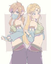 Rule 34 | 1boy, 1girl, alternate costume, back-to-back, bad id, bad twitter id, bare shoulders, blonde hair, blue eyes, blush, braid, breasts, brown hair, cowboy shot, earrings, gerudo set (zelda), hand on own chest, highres, jewelry, link, long hair, looking at viewer, mask, medium breasts, midriff, mouth mask, mouth veil, nintendo, official alternate costume, parted bangs, pointy ears, princess zelda, sidelocks, straight hair, strapless, t tsan, the legend of zelda, the legend of zelda: breath of the wild, tube top, veil