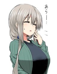 Rule 34 | 1girl, :&lt;, black shirt, blue scrunchie, blush, breasts, cardigan, closed eyes, commentary, flustered, flying sweatdrops, green cardigan, grey hair, hair between eyes, hand to own mouth, highres, huge breasts, large breasts, long hair, mature female, official art, open cardigan, open clothes, parted lips, ponytail, ribbed cardigan, scrunchie, shirt, simple background, solo, sweatdrop, take (shokumu-taiman), translated, upper body, uzaki-chan wa asobitai!, uzaki tsuki, very long hair, white background, worried