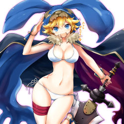 Rule 34 | 1girl, bikini, blonde hair, blue eyes, breasts, cape, character request, copyright request, fur trim, highres, hood, hoodie, large breasts, looking at viewer, navel, open mouth, short hair, swimsuit, sword, tattoo, translation request, watarui, weapon, white bikini