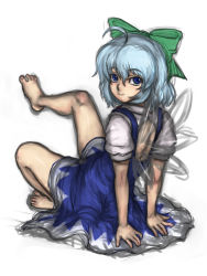 Rule 34 | 1girl, ahoge, arm support, barefoot, blue eyes, blue hair, bow, cirno, fairy, feet, hair bow, highres, kuro suto sukii, looking back, matching hair/eyes, short hair, simple background, sitting, sketch, smile, solo, touhou, white background, wings