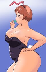 Rule 34 | 1girl, absurdres, animal ears, ass, bare shoulders, blue one-piece swimsuit, breasts, brown eyes, brown hair, chadgarciaburg, elf-san wa yaserarenai., highres, large breasts, oku (elf-san wa yaserarenai.), one-piece swimsuit, orc, pig, plump, rabbit ears, school swimsuit, self-upload, short hair, solo, swimsuit, thick thighs, thighs