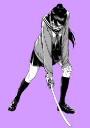 Rule 34 | 1girl, cardigan, full body, glasses, greyscale, greyscale with colored background, hand on own knee, highres, holding, holding sword, holding weapon, katana, kim taemyung, kneehighs, loafers, long hair, looking at viewer, monochrome, neckerchief, open cardigan, open clothes, open mouth, original, pleated skirt, ponytail, purple background, rectangular eyewear, sailor collar, school uniform, serafuku, shirt, shoes, skirt, socks, solo, standing, sword, weapon