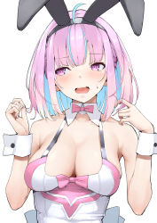 Rule 34 | 1girl, ahoge, alternate costume, alternate hairstyle, animal ears, bare arms, bare shoulders, black hairband, blue hair, blunt bangs, blush, bow, bowtie, braid, breasts, cleavage, collarbone, colored inner hair, detached collar, dress, embarrassed, fake animal ears, fang, twirling hair, hairband, hands up, highres, holding, holding hair, hololive, large breasts, leotard, looking at viewer, looking away, looking to the side, medium hair, minato aqua, mitsuru (pixiv 34028718), multicolored hair, open mouth, pink bow, pink bowtie, pink eyes, pink hair, playboy bunny, rabbit ears, sideways glance, simple background, skin fang, sleeveless, sleeveless dress, solo, streaked hair, sweat, sweatdrop, two-tone hair, upper body, virtual youtuber, white background, white dress, wrist cuffs