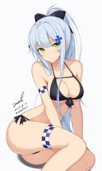Rule 34 | 1girl, armband, ass, bare arms, bare shoulders, bikini, black bikini, black bow, bow, breasts, cleavage, closed mouth, collarbone, cross hair ornament, dated, expressionless, facial mark, front-tie bikini top, front-tie top, girls&#039; frontline, green eyes, hair bow, hair ornament, halterneck, highres, hk416 (girls&#039; frontline), large breasts, long hair, looking at viewer, ponytail, shadow, side-tie bikini bottom, sidelocks, signature, silver hair, simple background, sitting, solo, string bikini, swimsuit, thigh strap, twitter username, unel, very long hair, white background, yokozuwari