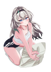 1girl absurdres bare_shoulders black_hairband black_shorts blush breasts crop_top dolphin_shorts droche_fuji firefly_(honkai:_star_rail) grey_hair hair_between_eyes hairband highres honkai:_star_rail honkai_(series) long_hair looking_at_viewer shorts simple_background smile solo tank_top thighs white_background