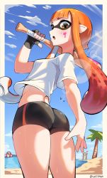 Rule 34 | 1girl, 1other, :o, artist name, ass, baseball bat, beach, bike shorts, black gloves, black shorts, blue sky, blunt bangs, border, cloud, day, eyebrows, fingerless gloves, from behind, gloves, highres, holding, holding baseball bat, ink, inkling, inkling girl, inkling player character, innertube, long hair, looking back, matching hair/eyes, nintendo, open mouth, orange eyes, orange hair, outdoors, outside border, palm tree, partially submerged, pointy ears, sand, shirt, short shorts, short sleeves, shorts, single fingerless glove, sky, splatoon (series), suction cups, sunlight, sweat, swim ring, t-shirt, teeth, tentacle hair, thighs, tree, upper teeth only, water, wersman, white border, white shirt
