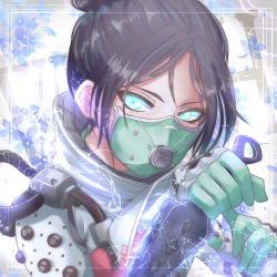 Rule 34 | 1girl, absurdres, animification, apex legends, bad id, bad pixiv id, black hair, blue eyes, blue flower, bodysuit, cable, flower, gloves, glowing, glowing eyes, green mask, hair behind ear, hair bun, highres, holding, holding knife, hope&#039;s dusk (apex legends), kagamitsuka, knife, kunai, looking to the side, mask, mouth mask, parted bangs, quarantine 722 wraith, single hair bun, solo, upper body, weapon, wraith (apex legends)