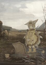 Rule 34 | 1girl, absurdres, animal ears, arknights, barn, black hairband, blonde hair, boots, bucket, child, cross hair ornament, farm, field, fox ears, fox girl, green eyes, hair ornament, hairband, hay, highres, holding, holding umbrella, hood, hood down, horizon, kitsune, kyuubi, long sleeves, looking at viewer, mani tamlyn, multiple tails, open mouth, originium (arknights), outdoors, overcast, puddle, rubber boots, rubber duck, scenery, short hair, sky, solo, standing, suzuran (arknights), tail, tractor, trowel, umbrella, yellow raincoat, yellow umbrella