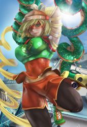 Rule 34 | 1girl, arms (game), beanie, blonde hair, blunt bangs, breasts, chinese clothes, domino mask, dragon (arms), facepaint, food, green eyes, hat, highres, knit hat, leggings, leggings under shorts, looking at viewer, mask, min min (arms), navel, nintendo, noodles, open mouth, oscuroii, pantyhose, short hair, shorts, smile, solo, super smash bros.