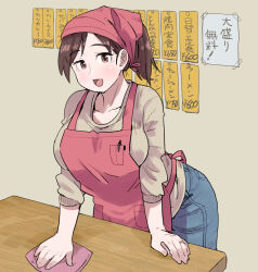 Rule 34 | 1girl, :d, apron, breasts, brown eyes, brown hair, brown sweater, cleaning, denim, indoors, jeans, jewelry, large breasts, leaning forward, looking at viewer, mature female, medium hair, open mouth, original, pants, pocket, puuyan, red apron, red headwear, ring, smile, solo, standing, sweater, table