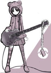 Rule 34 | 1girl, animal ears, bear ears, black hair, cable, cellphone, chain, electric guitar, female focus, full body, guitar, hood, hoodie, instrument, jacket, monochrome, original, phone, shoes, short hair, sketch, skirt, solo, standing, striped clothes, striped thighhighs, thighhighs, white background, zettai ryouiki, zipper