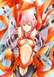 Rule 34 | 10s, 1girl, bare shoulders, black thighhighs, breasts, center opening, cleavage, detached sleeves, elbow gloves, fingerless gloves, gloves, guilty crown, hair ornament, hairclip, hananon, long hair, looking at viewer, navel, pink hair, red eyes, solo, thighhighs, twintails, yuzuriha inori