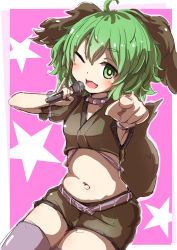 Rule 34 | 1girl, animal ears, belt, belt buckle, blush, buckle, cowboy shot, dog ears, dog tail, fangs, green eyes, green hair, grey belt, hair between eyes, holding, holding microphone, kasodani kyouko, kihuzinz, microphone, navel, one eye closed, open mouth, pointing, pointing at viewer, short hair, smile, solo, symbol-only commentary, tail, touhou