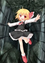 Rule 34 | 1girl, ascot, bare legs, blonde hair, blush, bow, child, darkness, embodiment of scarlet devil, fang, female focus, forest, frills, hair bow, natsu no koucha, nature, open mouth, outstretched arms, red eyes, rumia, solo, standing, standing on one leg, touhou, tree