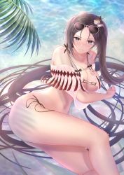 Rule 34 | 1girl, absurdres, bare shoulders, beach, bikini, black eyes, black hair, blush, breasts, brown hair, cleavage, closed mouth, collarbone, commentary request, eyewear on head, fate/grand order, fate (series), glasses, grey eyes, hair ornament, hand on own chest, highres, large breasts, long hair, looking at viewer, lying, medium breasts, navel, ocean, on side, palm leaf, parted bangs, penguintake, refraction, solo, sunglasses, swimsuit, thighs, very long hair, water, yu mei-ren (fate), yu mei-ren (swimsuit lancer) (fate)