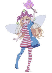 Rule 34 | 1girl, absurdres, american flag dress, american flag pants, arm up, blonde hair, blush, blush stickers, clownpiece, commentary request, dress, fairy wings, fire, full body, hand up, hat, highres, holding, holding torch, jester cap, kame (kamepan44231), long hair, looking at viewer, neck ruff, no shoes, one-hour drawing challenge, open mouth, pants, pantyhose, polka dot, purple fire, purple hat, red eyes, short sleeves, simple background, smile, solo, standing, star (symbol), star in eye, star print, striped clothes, striped dress, striped pants, symbol in eye, torch, touhou, white background, wings
