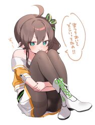 Rule 34 | 1girl, :t, ahoge, aqua eyes, boots, brown hair, cropped jacket, crossed ankles, fishnet pantyhose, fishnets, hair ribbon, halterneck, hololive, hugging own legs, jacket, knees to chest, miniskirt, natsuiro matsuri, natsuiro matsuri (1st costume), off shoulder, orange jacket, pantyhose, pleated skirt, ponpe max, pout, ribbon, side ponytail, simple background, sitting, skirt, spaghetti strap, speech bubble, thighs, translation request, virtual youtuber, white background, white footwear, white skirt