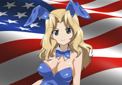 Rule 34 | 10s, 1girl, american flag, animal ears, bare shoulders, blonde hair, blue eyes, bow, bowtie, breasts, rabbit ears, playboy bunny, cleavage, detached collar, fake animal ears, female focus, girls und panzer, kay (girls und panzer), large breasts, leotard, long hair, looking at viewer, smile, solo