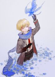 Rule 34 | 1boy, arm up, black coat, black gloves, black pants, blonde hair, blue flower, blue scarf, coat, flower, gloves, highres, limbus company, long hair, male focus, pants, project moon, scarf, shan23852196, shirt, simple background, sinclair (project moon), solo, standing, very long hair, white background, white shirt, yellow eyes
