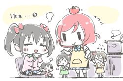 Rule 34 | + +, 10s, 1boy, 4girls, :&gt;, :d, apron, black hair, blush, bow, cardigan, chair, cooking, cup, drinking, eating, flying sweatdrops, food, food on head, full body, fume, hair bow, kitchen, long hair, love live!, love live! school idol project, motion lines, multiple girls, negitama (nori), nishikino maki, object on head, open mouth, pot, red hair, ribbon, school uniform, short hair, simple background, sitting, skirt, smile, standing, steam, stove, text focus, tomato, translation request, twintails, white background, yazawa cocoa, yazawa cocoro, yazawa cotaro, yazawa nico, | |, || ||