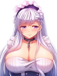 Rule 34 | 1girl, azur lane, belfast (azur lane), blush, braid, breasts, chain, cleavage, collar, collarbone, corset, dress, french braid, frills, highres, huge breasts, long hair, looking away, maid, maid headdress, purple eyes, seraphina, silver hair, simple background, smile, solo, transparent background, underbust, upper body, white background