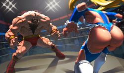 Rule 34 | 1boy, 1girl, arena, ass, battle, beard, blonde hair, boots, breasts, brown hair, capcom, chest hair, crowd, facial hair, fighting stance, from behind, highres, huge ass, large breasts, leotard, long hair, loped, mohawk, motion blur, muscular, rainbow mika, running, spotlight, street fighter, sweat, toned, twintails, wrestling, wrestling outfit, wrestling ring, wristband, zangief
