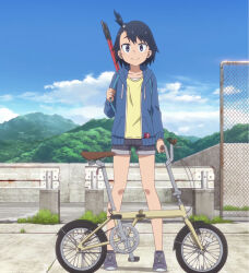 Rule 34 | 1girl, bicycle, black hair, blue eyes, chain-link fence, closed mouth, cloud, collarbone, day, dot nose, female focus, fence, hair ornament, highres, hodaka natsumi, houkago teibou nisshi, jacket, medium hair, mountain, outdoors, scenery, shoes, shorts, sky, smile, solo, standing, stitched, third-party edit