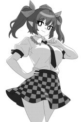 Rule 34 | 1girl, breasts, bright pupils, checkered clothes, checkered skirt, closed mouth, collared shirt, commentary, cowboy shot, greyscale, hair between eyes, hand on own hip, hand up, hat, highres, himekaidou hatate, large breasts, looking at viewer, medium hair, monochrome, necktie, onkn sxkn, pointy ears, puffy short sleeves, puffy sleeves, shirt, short sleeves, simple background, skirt, smile, solo, tokin hat, touhou, twintails, white background, white shirt