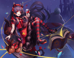 Rule 34 | 1girl, :d, alcohol, animal ears, black hair, book, castle, cup, dress, drinking glass, full body, gothic lolita, hairband, high heels, highres, lolita fashion, lolita hairband, long hair, looking at viewer, magical girl, mool yueguang, open book, open mouth, original, pantyhose, red eyes, smile, solo, striped clothes, striped pantyhose, stuffed animal, stuffed toy, teddy bear, teeth, wine, wine glass