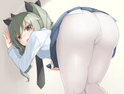 Rule 34 | 10s, 1girl, against wall, anchovy (girls und panzer), ass, bent over, blush, brown eyes, crotch seam, drill hair, girls und panzer, green hair, hair ribbon, huge ass, leaning, leaning forward, long hair, looking at viewer, md5 mismatch, necktie, open mouth, pantyhose, resized, ribbon, school uniform, seramikku, simple background, solo, teardrop, tears, twin drills, twintails, uniform, white background, white pantyhose