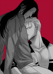 Rule 34 | 2boys, facial hair, frown, glaring, greyscale with colored background, hair slicked back, heads together, history1357, hunter x hunter, long hair, looking at viewer, male focus, multiple boys, mustache stubble, nobunaga hazama, open clothes, open shirt, pants, pectoral cleavage, pectorals, phinks magcub, shirt, short hair, stubble, yaoi