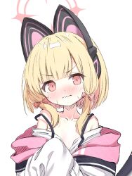 Rule 34 | 1girl, absurdres, animal ear headphones, animal ears, blonde hair, blue archive, blush, bow, cat tail, closed mouth, collarbone, emimeku, fake animal ears, flat chest, hair bow, halo, headphones, highres, jacket, looking at viewer, momoi (blue archive), pink halo, red bow, red eyes, shirt, short hair, simple background, solo, tail, upper body, white background, white jacket, white shirt