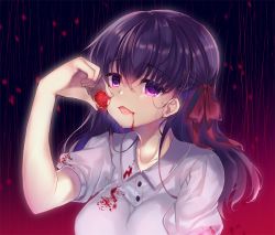 Rule 34 | 1girl, black background, breasts, buttons, collarbone, collared shirt, commentary request, fate/stay night, fate (series), food, fruit, gradient background, hair between eyes, hair ribbon, hand up, heaven&#039;s feel, holding, holding food, long hair, looking at viewer, matou sakura, medium breasts, official alternate costume, parted lips, purple eyes, purple hair, red background, red ribbon, ribbon, shirt, short sleeves, solo, stain, stained clothes, strawberry, suzunone rena, upper body, white shirt, yandere