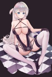 Rule 34 | 1girl, azur lane, bare arms, bare shoulders, black footwear, black gloves, black panties, blue eyes, blush, breasts, center opening, checkered flag, cleavage, closed mouth, clothes writing, collarbone, criss-cross halter, flag, full body, gloves, halterneck, hand on own knee, unworn headwear, helmet, unworn helmet, highres, knees up, large breasts, long hair, looking at viewer, navel, one side up, panties, race queen, revealing clothes, shoes, shoukaku (azur lane), shoukaku (sororal wings) (azur lane), silver hair, smile, solo, spread legs, stomach, thighhighs, underwear, very long hair, white thighhighs, yamiiv