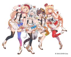 Rule 34 | 1st generation (hololive), 4girls, ahoge, akai haato, aki rosenthal, animal ear fluff, animal ears, arm up, armlet, asymmetrical legwear, back bow, bare shoulders, belt, black tail, black thighhighs, blonde hair, blue eyes, blue thighhighs, blush, bob cut, boots, bow, bow skirt, braid, breasts, brown hair, cleavage, clothing cutout, commentary request, company name, crown, detached hair, flower, flower wreath, fox ears, fox girl, fox tail, gloves, green eyes, hair between eyes, hair ornament, hair ribbon, halter shirt, halterneck, hand up, hands up, headgear, heart, holding hands, hololive, hololive idol uniform, idol clothes, large bow, large breasts, layered skirt, leg up, long hair, looking at viewer, low twintails, medium hair, miniskirt, mismatched legwear, mismatched thighhighs, multiple girls, natsuiro matsuri, navel, navel cutout, official alternate costume, one eye closed, one side up, open mouth, parted bangs, purple eyes, red flower, red rose, red thighhighs, ribbon, rose, shirakami fubuki, short hair, side ponytail, sidelocks, simple background, single braid, single thighhigh, skirt, skirt set, sleeveless, small breasts, smile, standing, striped clothes, striped thighhighs, tail, thigh strap, thighhighs, twintails, two-tone tail, vertical-striped clothes, vertical-striped thighhighs, very long hair, vinhnyu, virtual youtuber, white background, white bow, white footwear, white gloves, white hair, white skirt, white tail, white thighhighs, wrist cuffs