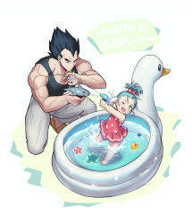 Rule 34 | 1boy, 1girl, bare shoulders, black hair, black tank top, blocking, blue eyes, blue hair, bra (dragon ball), child, closed mouth, dragon ball, dragon ball super, dress, duck innertube, father and daughter, flat chest, hair ornament, highres, kneeling, looking at another, minor (minor2730), muscular, muscular male, open mouth, partially immersed, partially submerged, pool, shirt, short hair, simple background, smile, spiked hair, swimsuit, tank top, toy, vegeta, water, water gun, wet