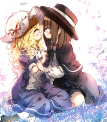 Rule 34 | 2girls, arm grab, black capelet, black footwear, black hat, black skirt, blonde hair, blush, boots, bow, breasts, brooch, brown eyes, brown hair, capelet, commentary request, dress, eye contact, fedora, frilled sleeves, frills, from side, grabbing, grass, hair bow, hat, hat ribbon, jewelry, juliet sleeves, long hair, long sleeves, looking at another, maribel hearn, medium breasts, mob cap, multiple girls, piyokichi, profile, puffy sleeves, purple dress, red ribbon, ribbon, shirt, simple background, sitting, skirt, touhou, usami renko, wariza, wavy hair, white background, white bow, white hat, white shirt, wide sleeves, yellow eyes, yuri