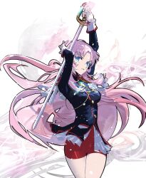 Rule 34 | 1girl, black jacket, blue eyes, buttons, cofffee, epaulettes, gloves, holding, holding sword, holding weapon, jacket, long hair, looking at viewer, pink hair, red shorts, red trim, saber (weapon), shorts, shoujo kakumei utena, simple background, solo, sword, tenjou utena, weapon, white background, white gloves