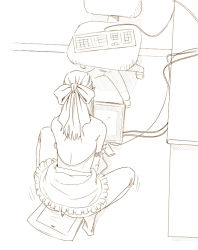 Rule 34 | 1girl, bare shoulders, blonde hair, bow, breastless clothes, chair, corset, desk, drawing, elbow gloves, francine (daijaemon), full body, gloves, hair bow, keyboard (computer), monitor, monochrome, object insertion, office chair, original, solo, spread legs, stylus, swivel chair, tablet, vaginal, vaginal object insertion, you&#039;re doing it wrong